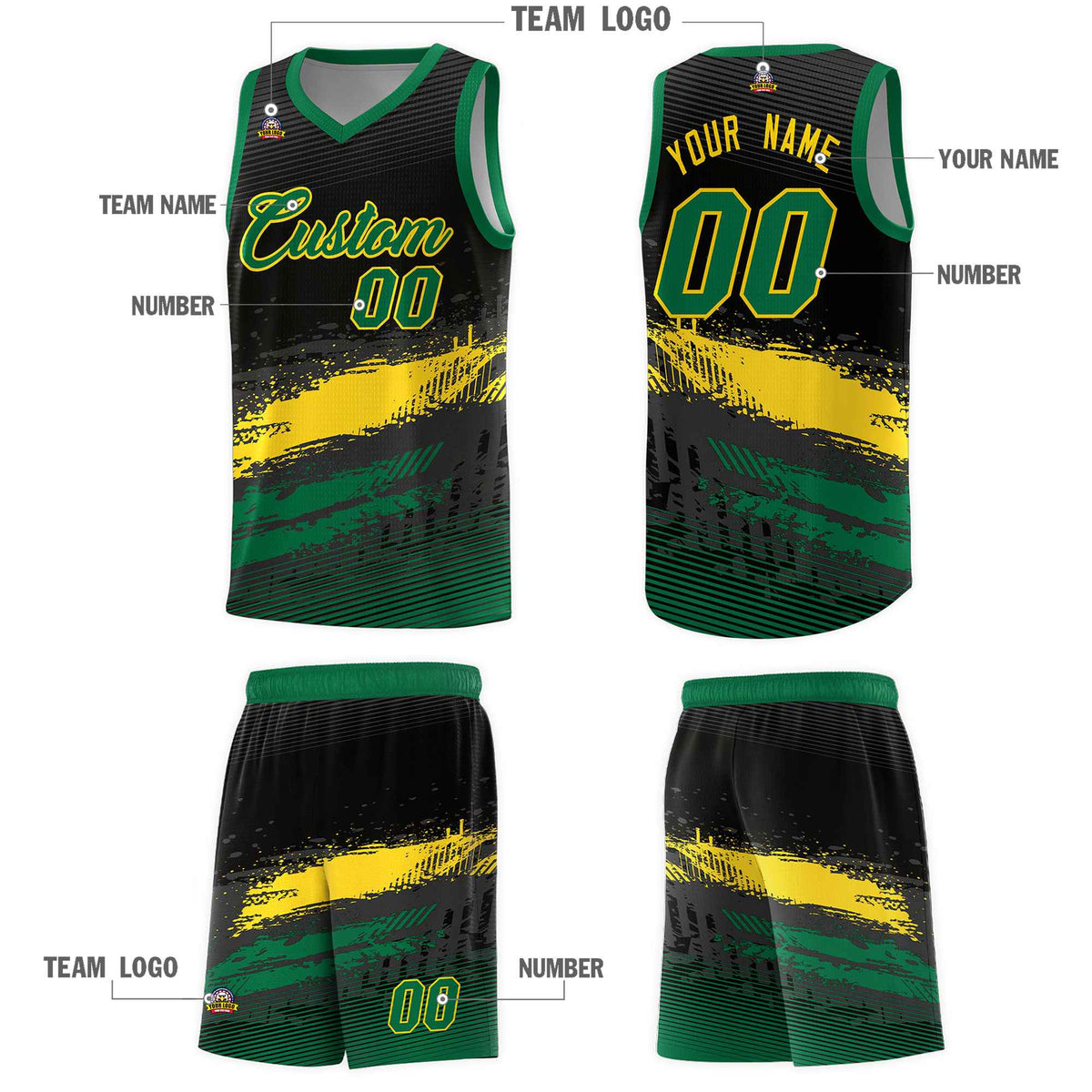 Custom Black Yellow and Kelly Green Graffiti Pattern Sports Uniform Basketball Jersey|KXKSHOP