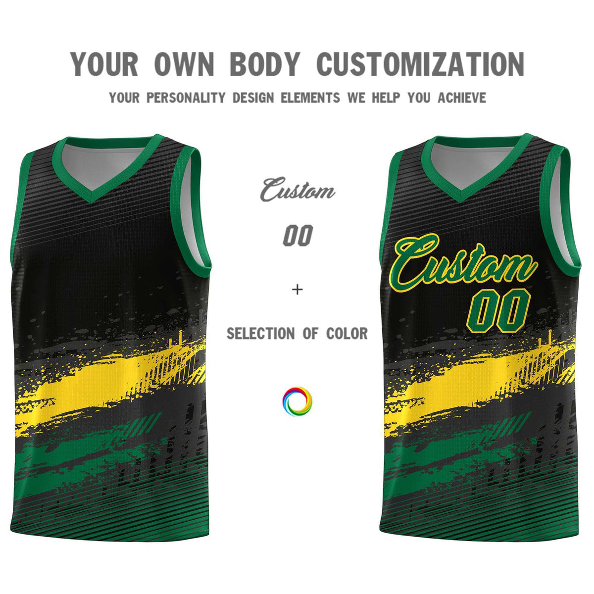 Custom Black Yellow and Kelly Green Graffiti Pattern Sports Uniform Basketball Jersey|KXKSHOP