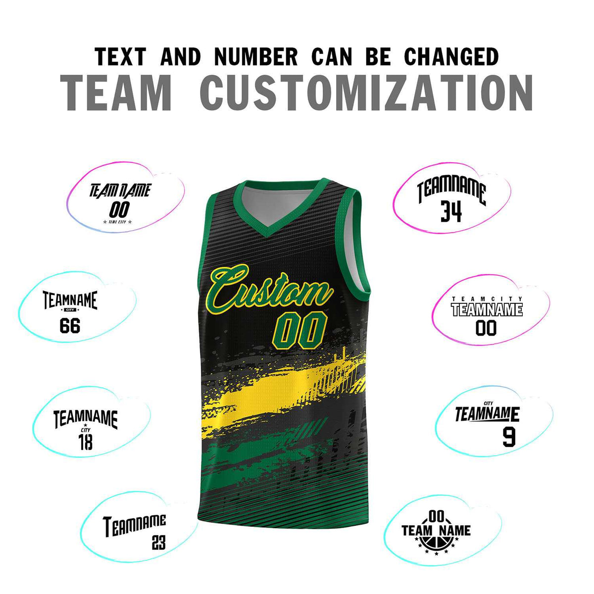 Custom Black Yellow and Kelly Green Graffiti Pattern Sports Uniform Basketball Jersey|KXKSHOP