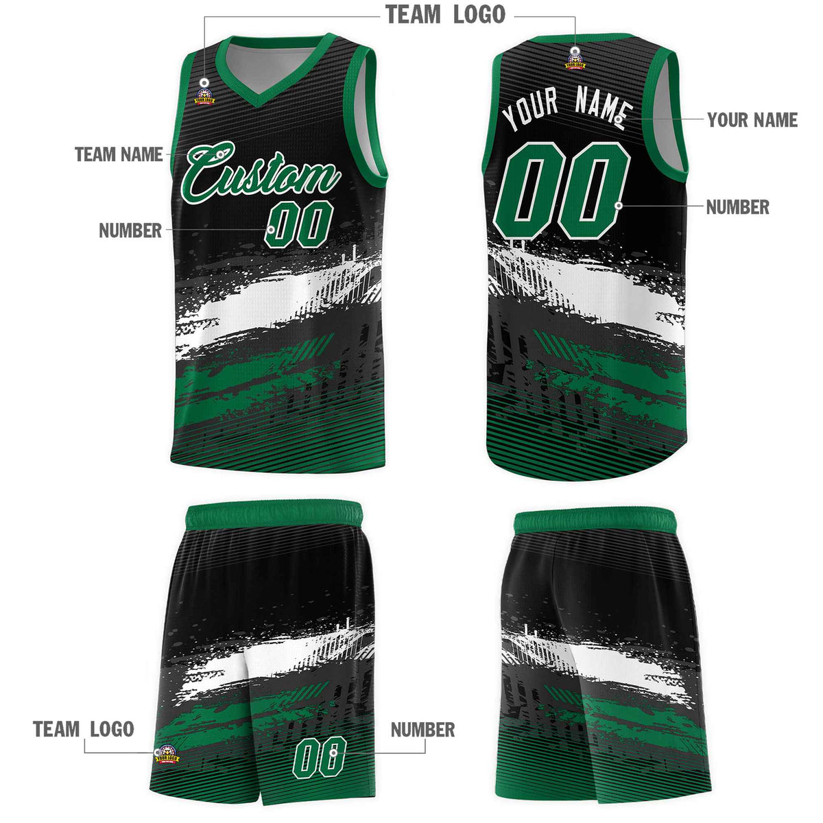 Custom Black White and Kelly Green Graffiti Pattern Sports Uniform Basketball Jersey|KXKSHOP