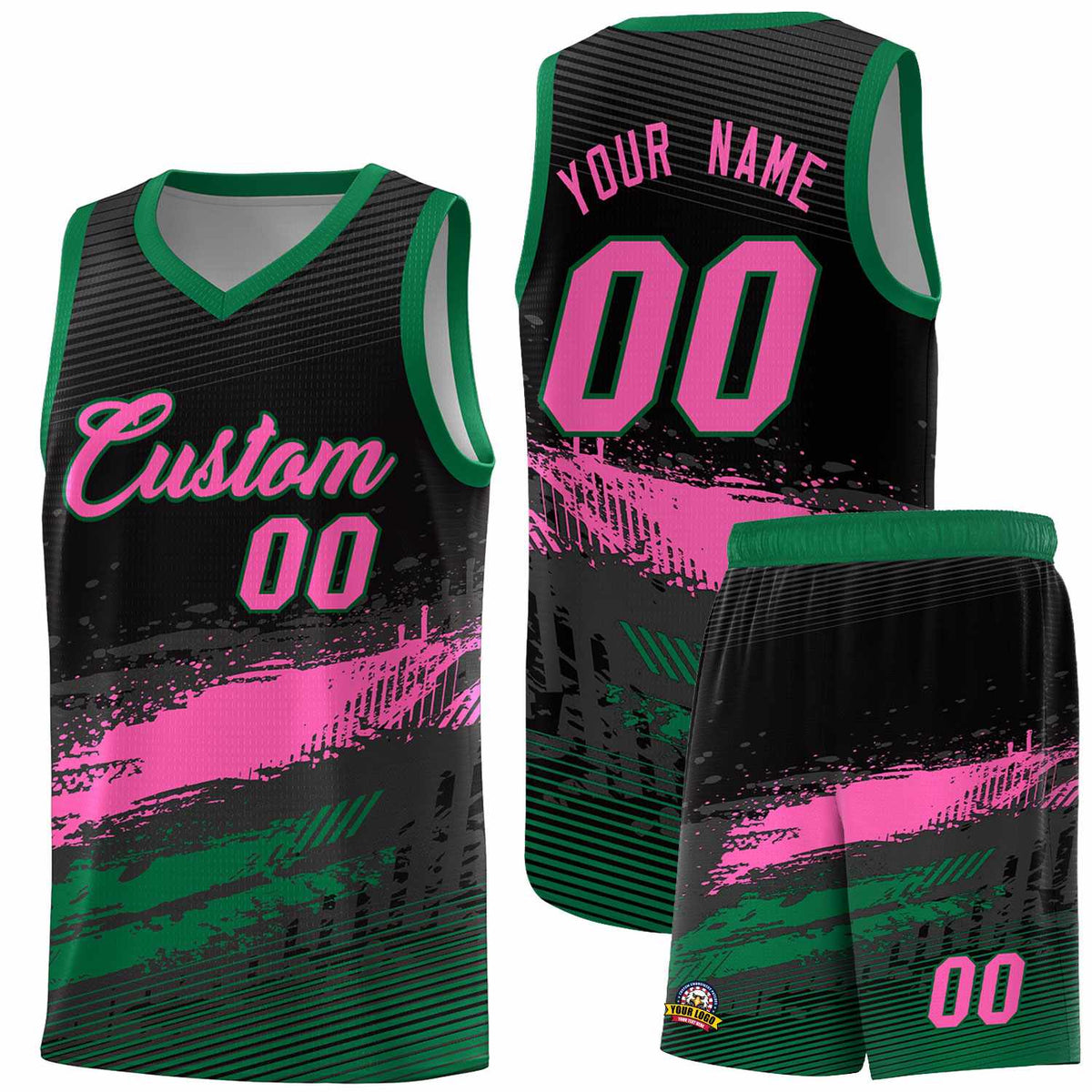 Custom Black Pink and Kelly Green Graffiti Pattern Sports Uniform Basketball Jersey|KXKSHOP