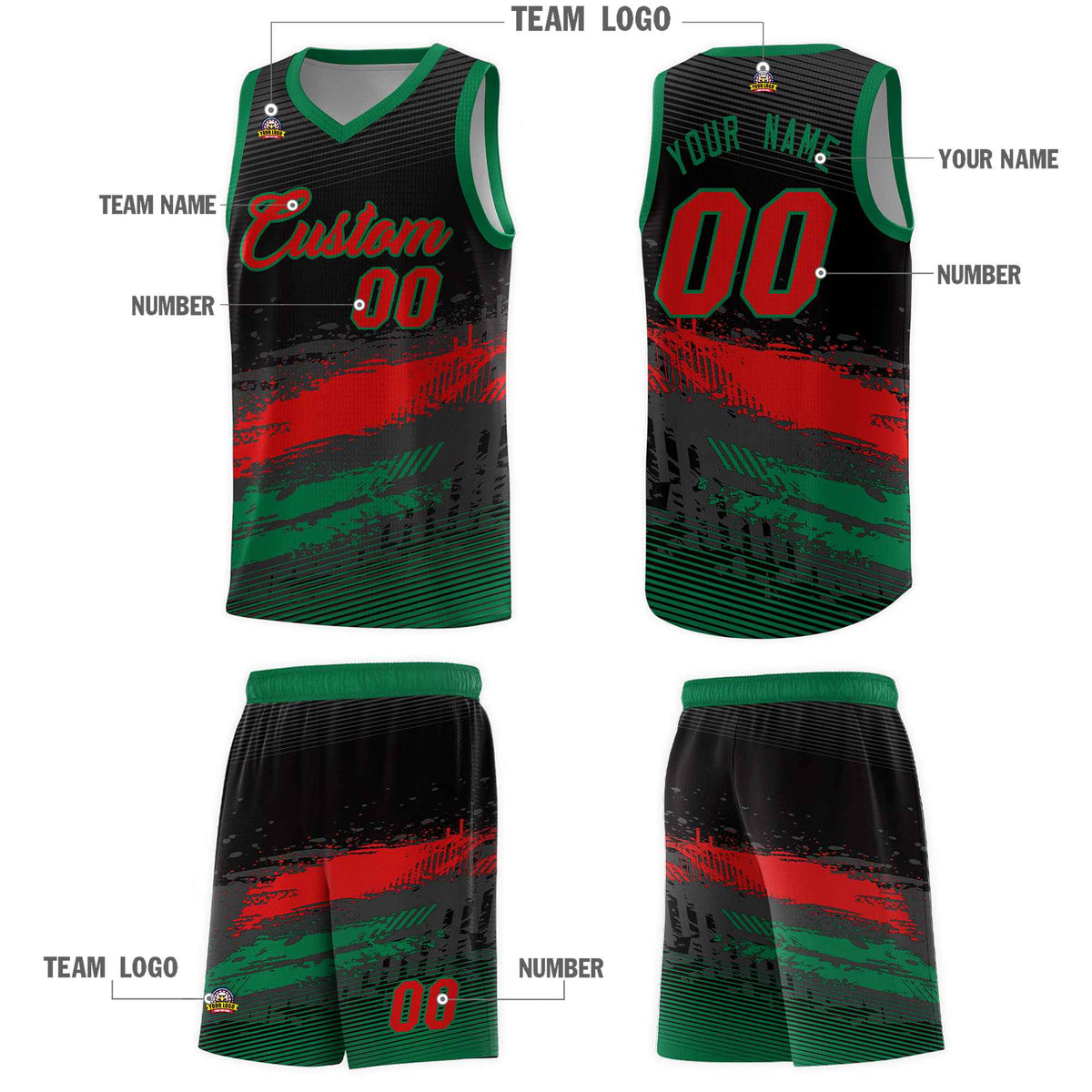 Custom Black Red and Kelly Green Graffiti Pattern Sports Uniform Basketball Jersey|KXKSHOP