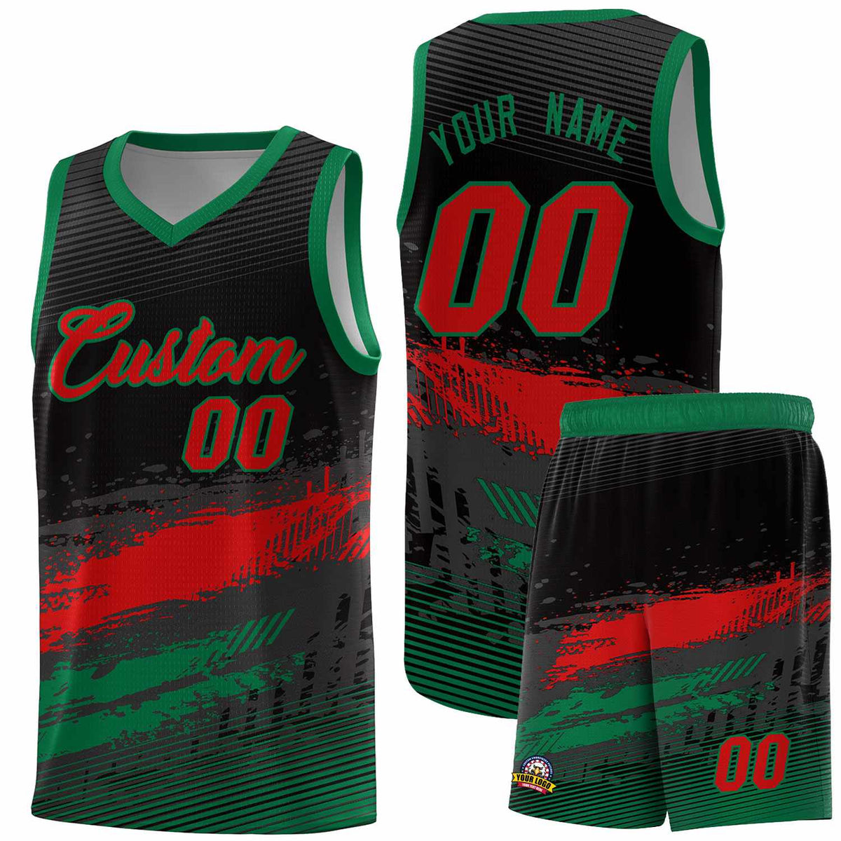 Custom Black Red and Kelly Green Graffiti Pattern Sports Uniform Basketball Jersey|KXKSHOP