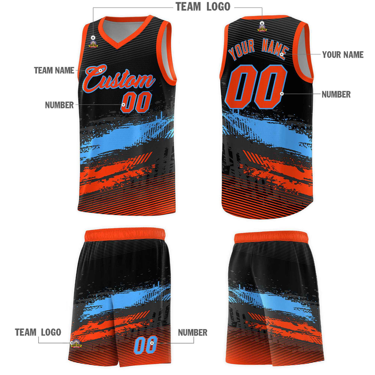 Custom Black Powder Blue and Orange Graffiti Pattern Sports Uniform Basketball Jersey|KXKSHOP