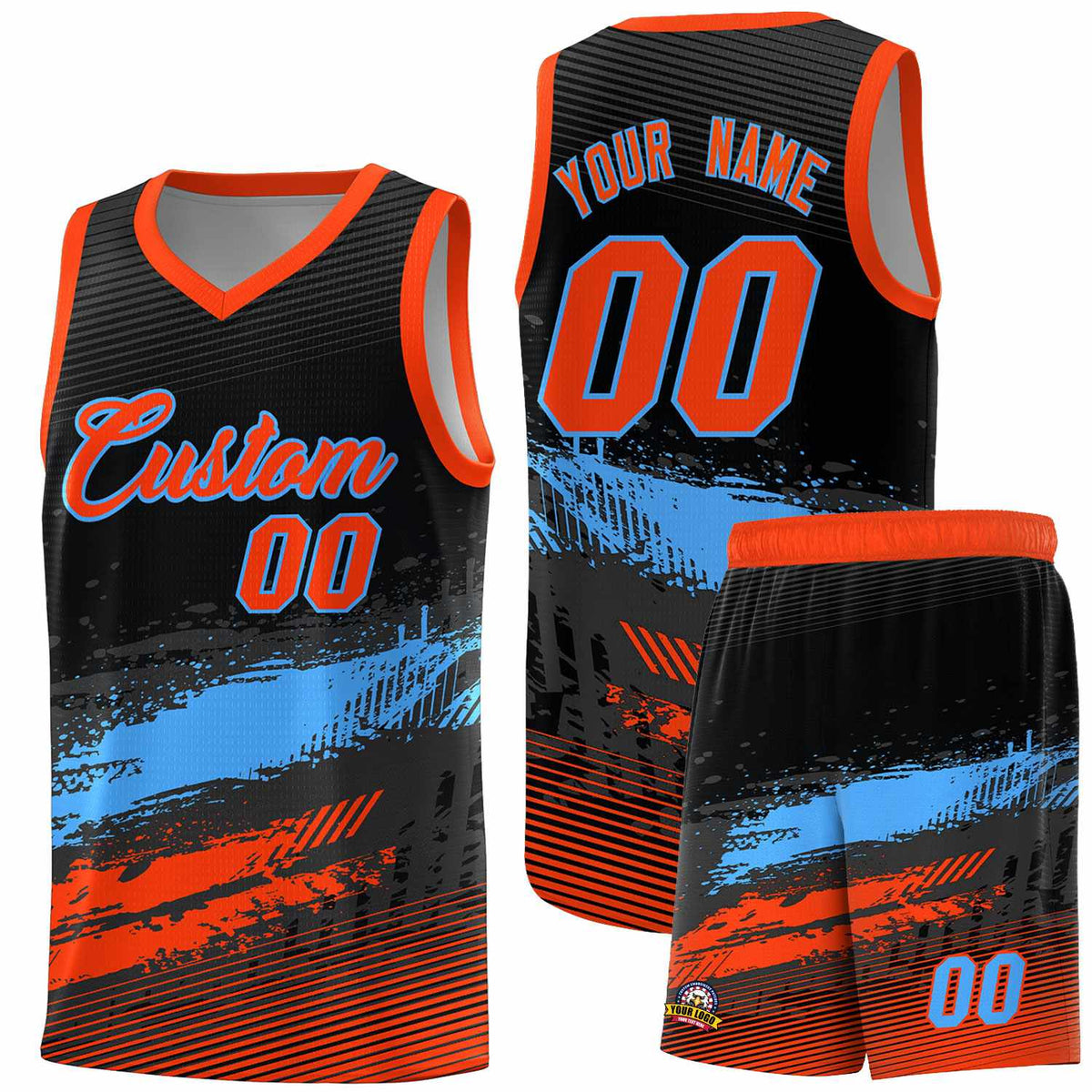 Custom Black Powder Blue and Orange Graffiti Pattern Sports Uniform Basketball Jersey|KXKSHOP