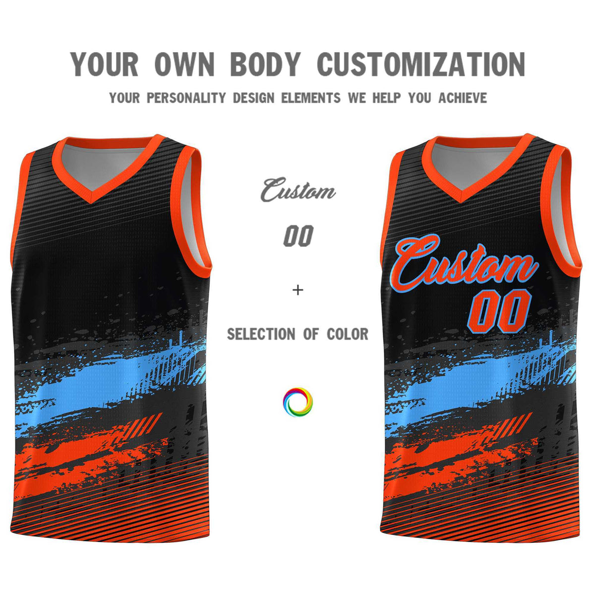 Custom Black Powder Blue and Orange Graffiti Pattern Sports Uniform Basketball Jersey|KXKSHOP
