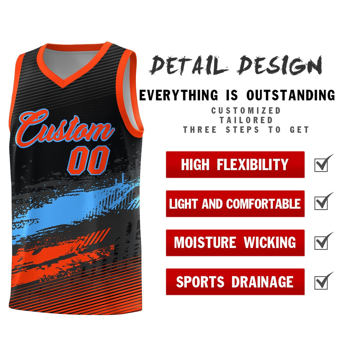 Custom Black Powder Blue and Orange Graffiti Pattern Sports Uniform Basketball Jersey|KXKSHOP