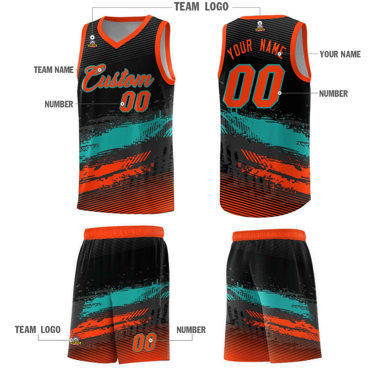 Custom Black Aqua and Orange Graffiti Pattern Sports Uniform Basketball Jersey|KXKSHOP