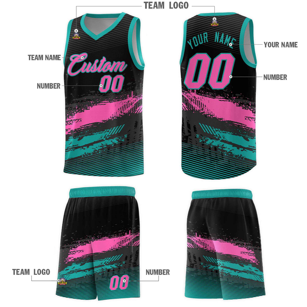 Custom Black Pink and Aqua Graffiti Pattern Sports Uniform Basketball Jersey|KXKSHOP