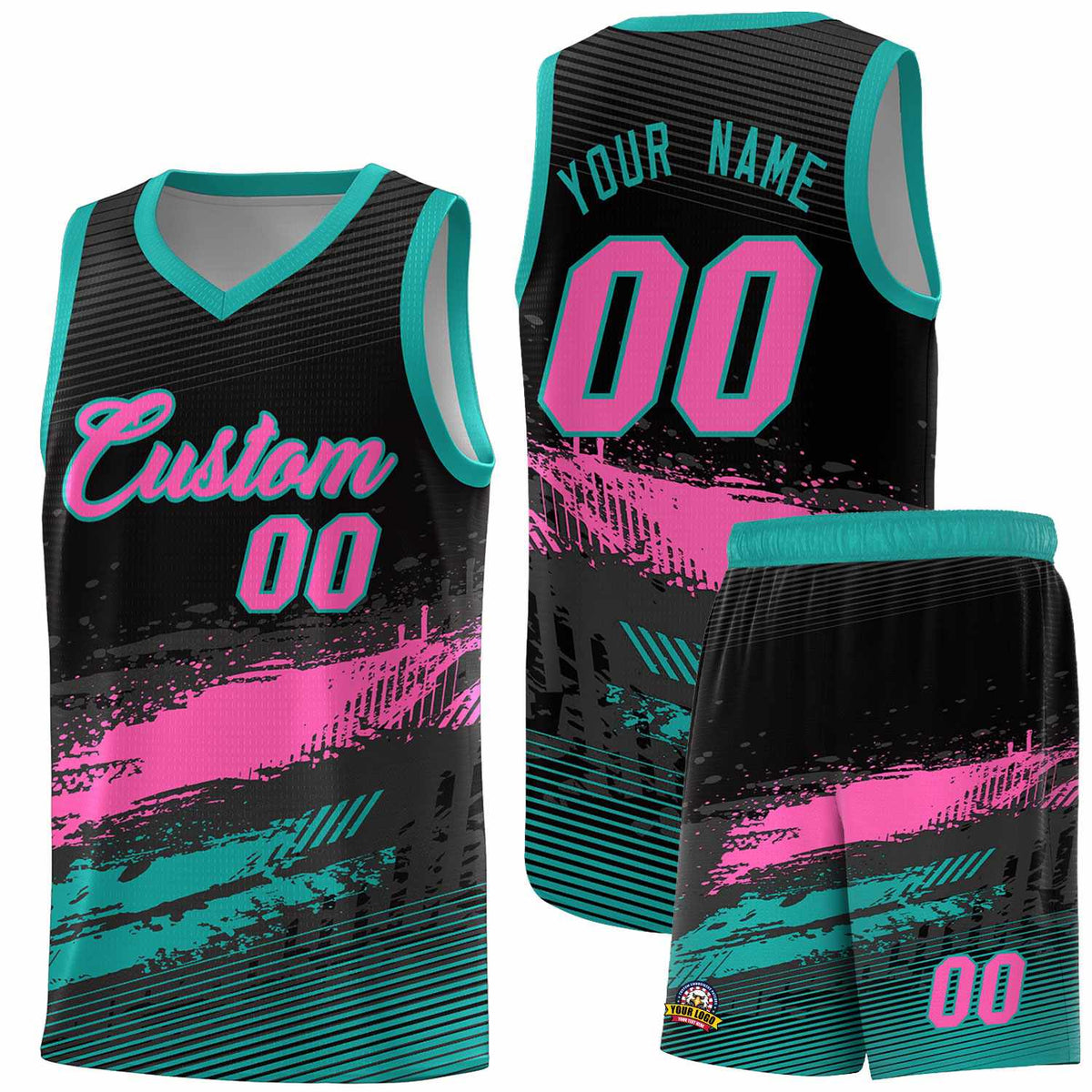 Custom Black Pink and Aqua Graffiti Pattern Sports Uniform Basketball Jersey|KXKSHOP