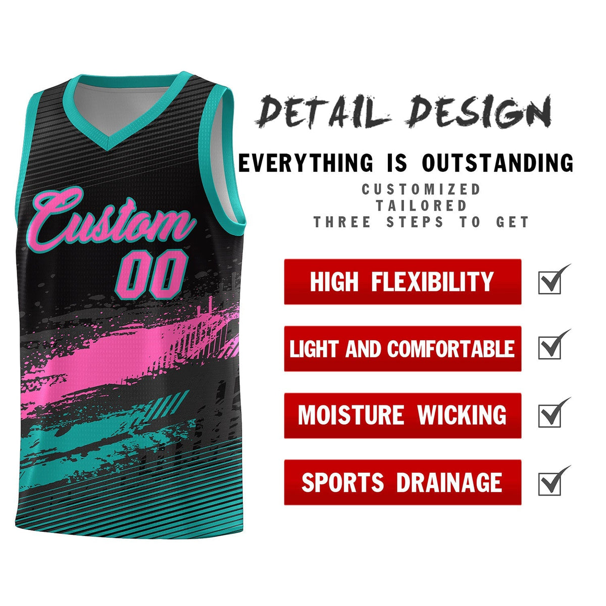 Custom Black Pink and Aqua Graffiti Pattern Sports Uniform Basketball Jersey|KXKSHOP