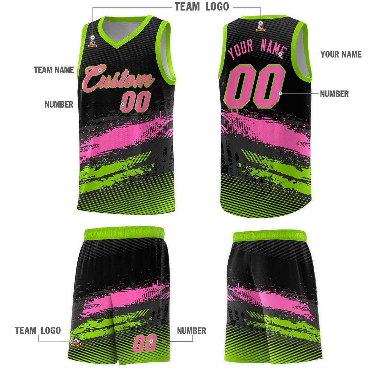 Custom Black Pink and Neon Green Graffiti Pattern Sports Uniform Basketball Jersey|KXKSHOP