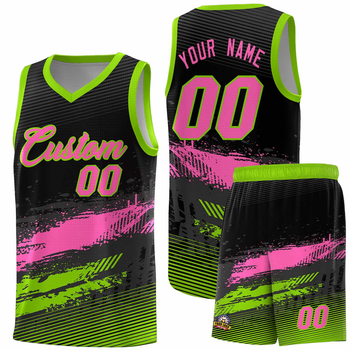 Custom Black Pink and Neon Green Graffiti Pattern Sports Uniform Basketball Jersey|KXKSHOP