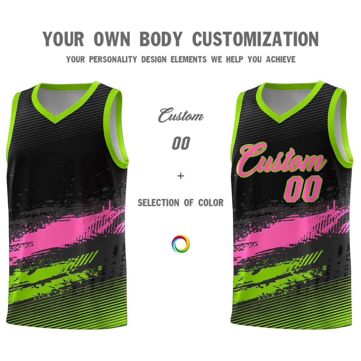 Custom Black Pink and Neon Green Graffiti Pattern Sports Uniform Basketball Jersey|KXKSHOP