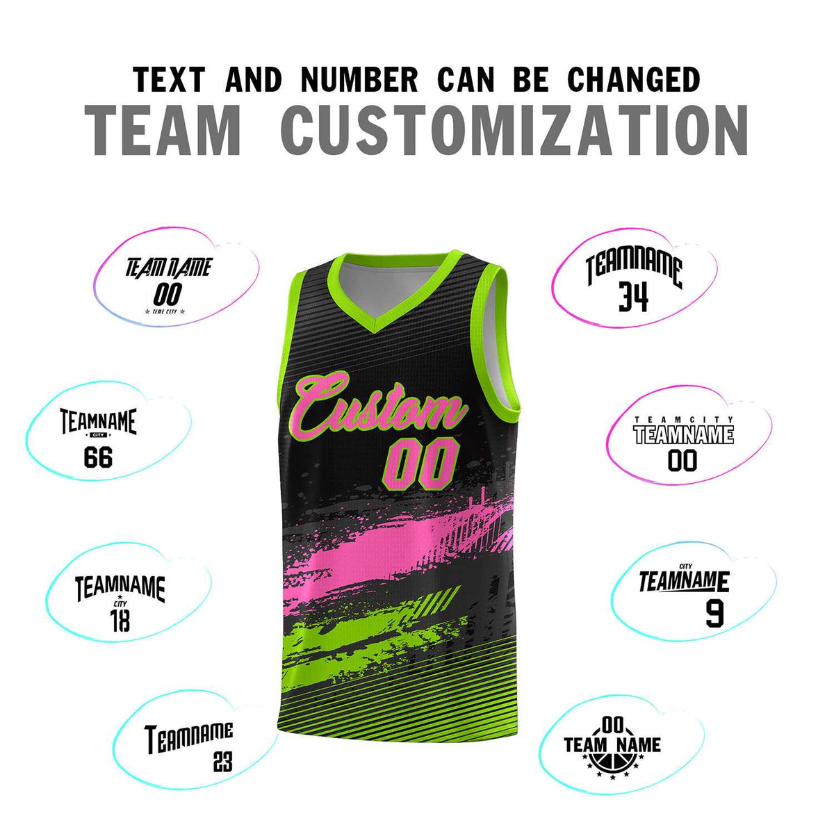 Custom Black Pink and Neon Green Graffiti Pattern Sports Uniform Basketball Jersey|KXKSHOP