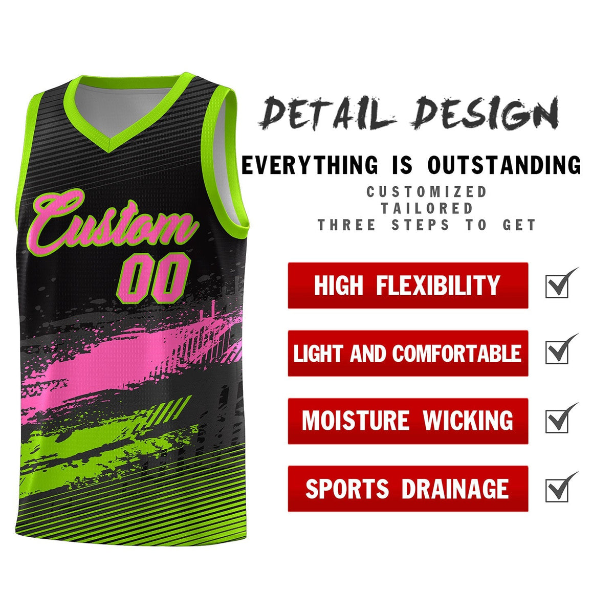 Custom Black Pink and Neon Green Graffiti Pattern Sports Uniform Basketball Jersey|KXKSHOP