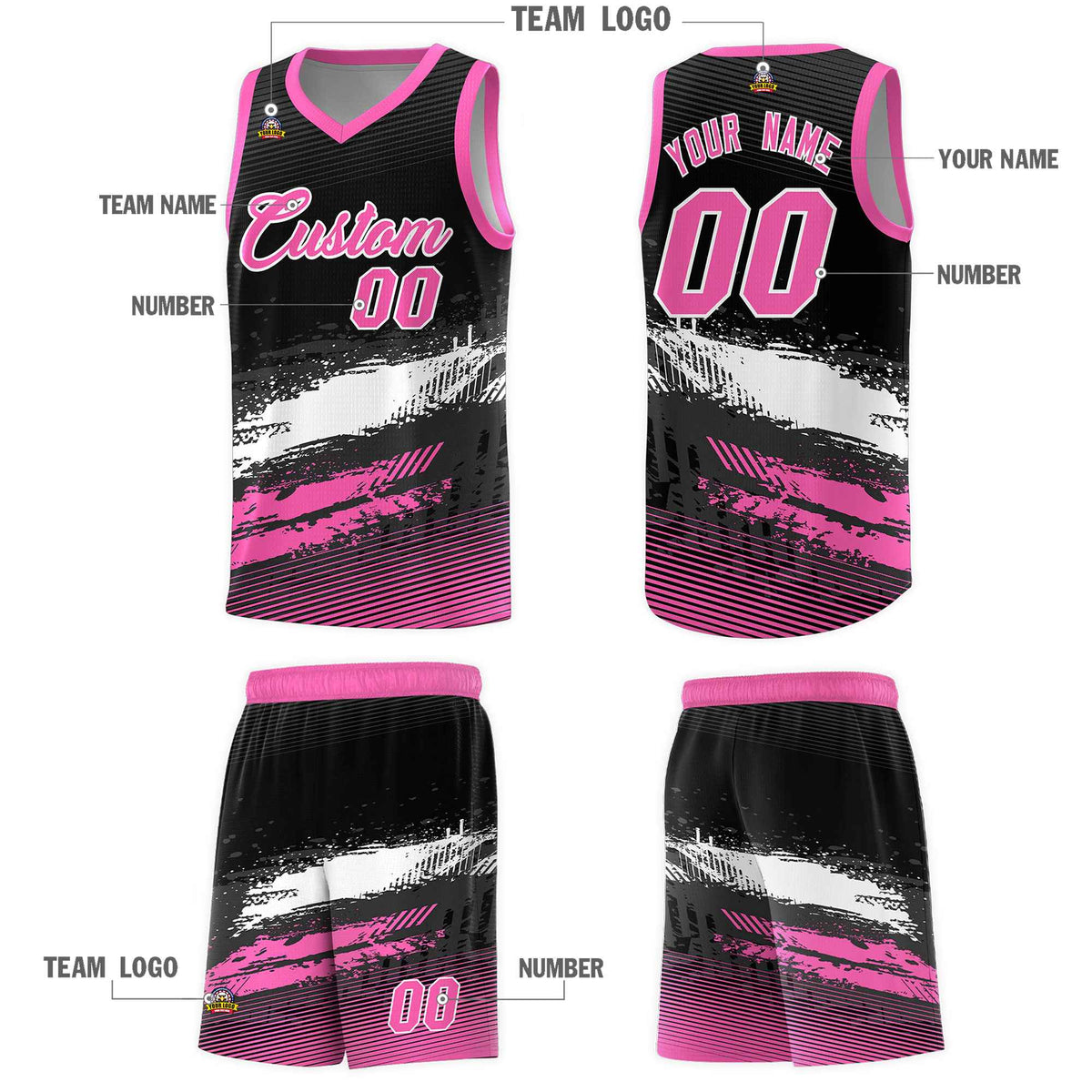 Custom Black White and Pink Graffiti Pattern Sports Uniform Basketball Jersey|KXKSHOP