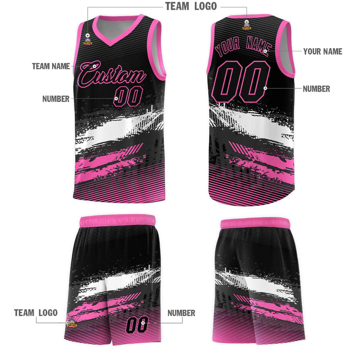 Custom Black White and Pink Graffiti Pattern Sports Uniform Basketball Jersey|KXKSHOP