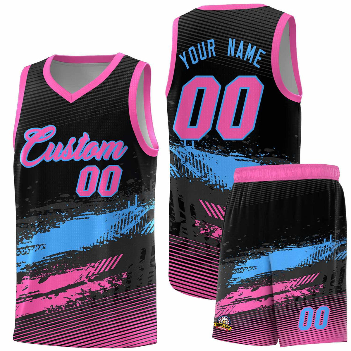 Custom Black Powder Blue and Pink Graffiti Pattern Sports Uniform Basketball Jersey|KXKSHOP
