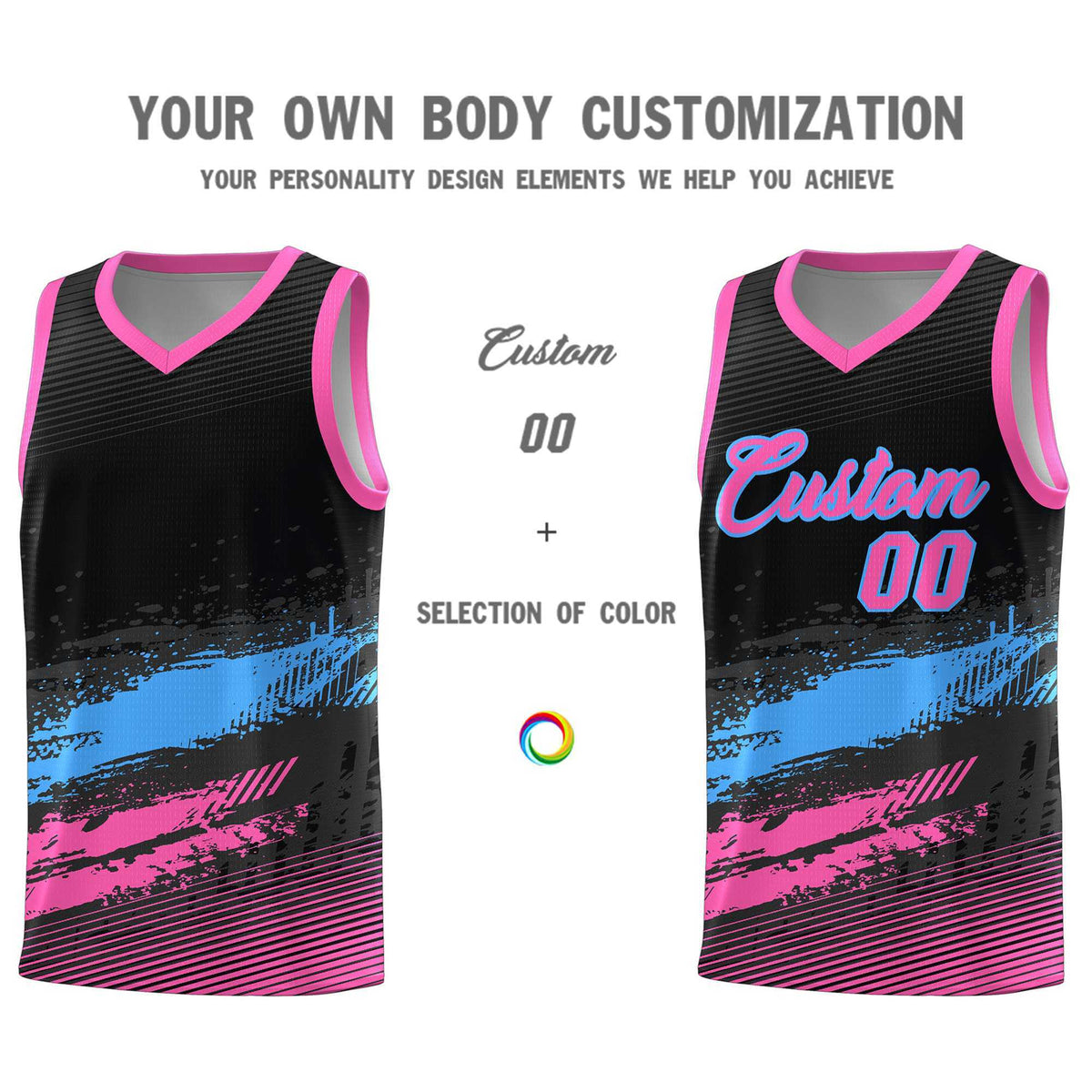 Custom Black Powder Blue and Pink Graffiti Pattern Sports Uniform Basketball Jersey|KXKSHOP