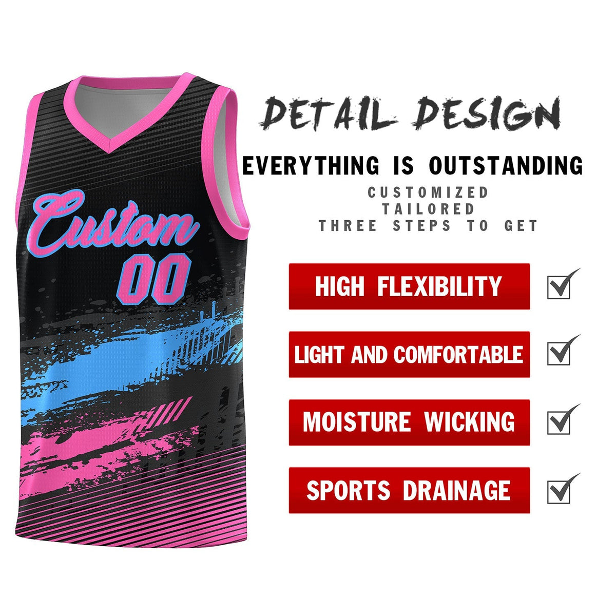 Custom Black Powder Blue and Pink Graffiti Pattern Sports Uniform Basketball Jersey|KXKSHOP