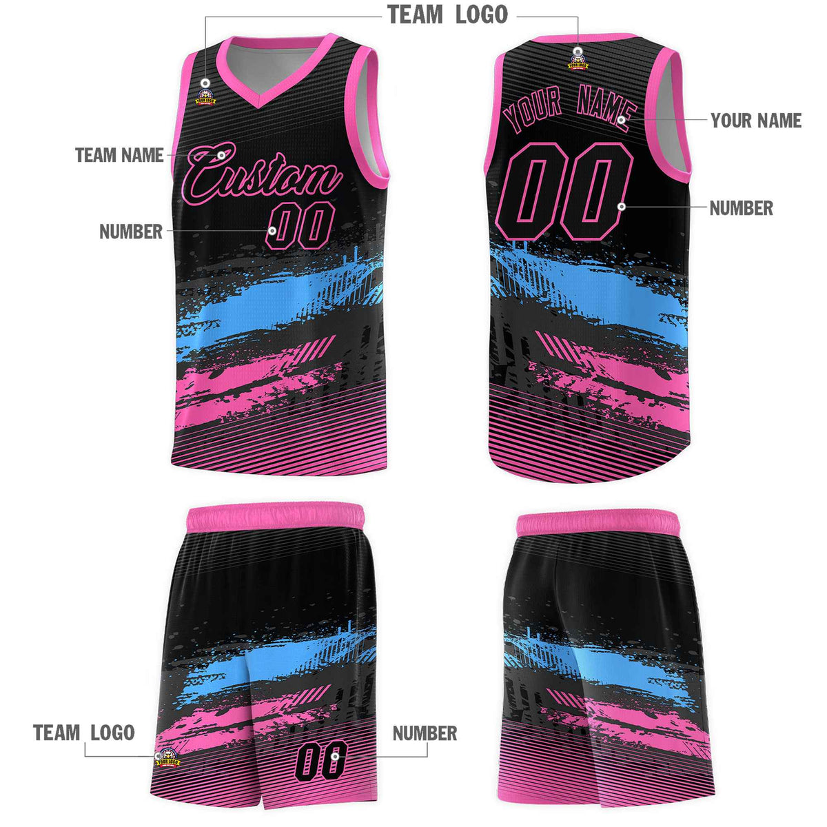 Custom Black Powder Blue and Pink Graffiti Pattern Sports Uniform Basketball Jersey|KXKSHOP