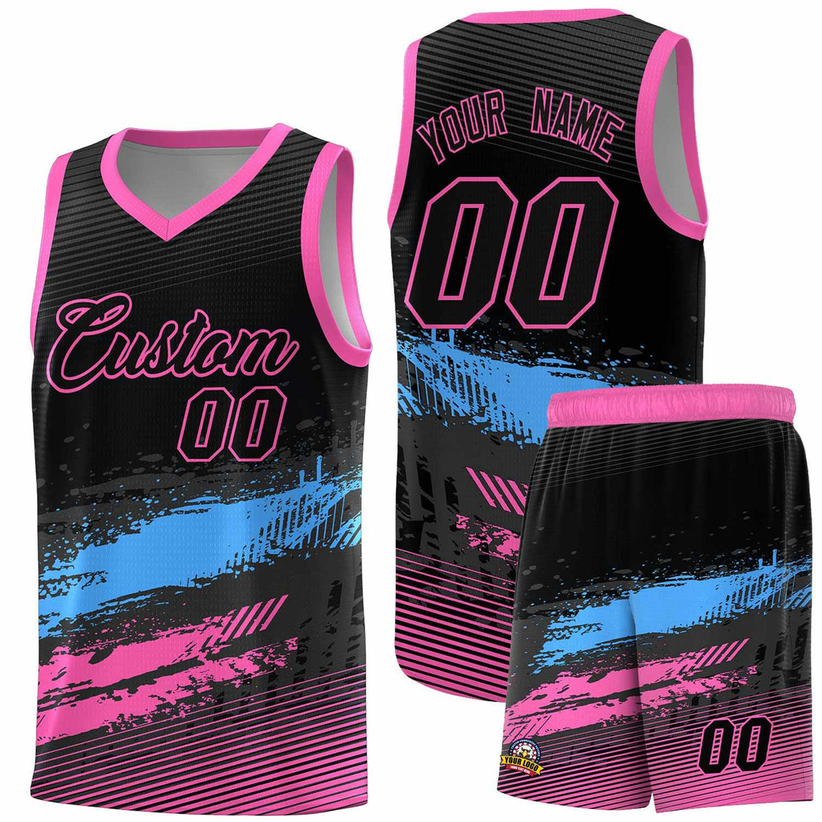 Custom Black Powder Blue and Pink Graffiti Pattern Sports Uniform Basketball Jersey|KXKSHOP