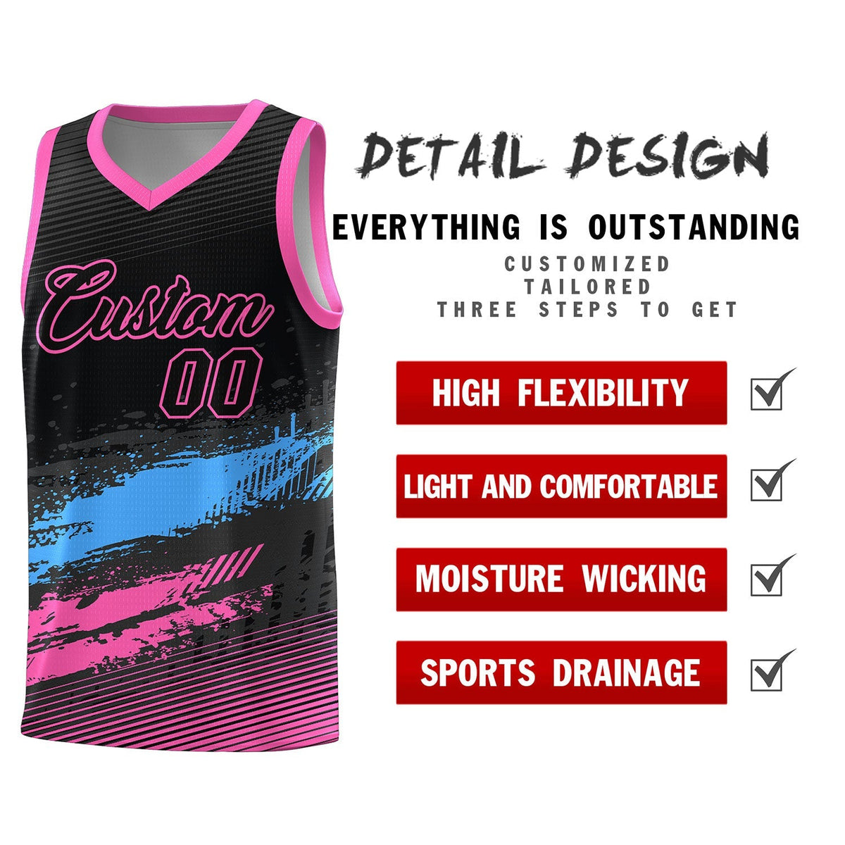 Custom Black Powder Blue and Pink Graffiti Pattern Sports Uniform Basketball Jersey|KXKSHOP