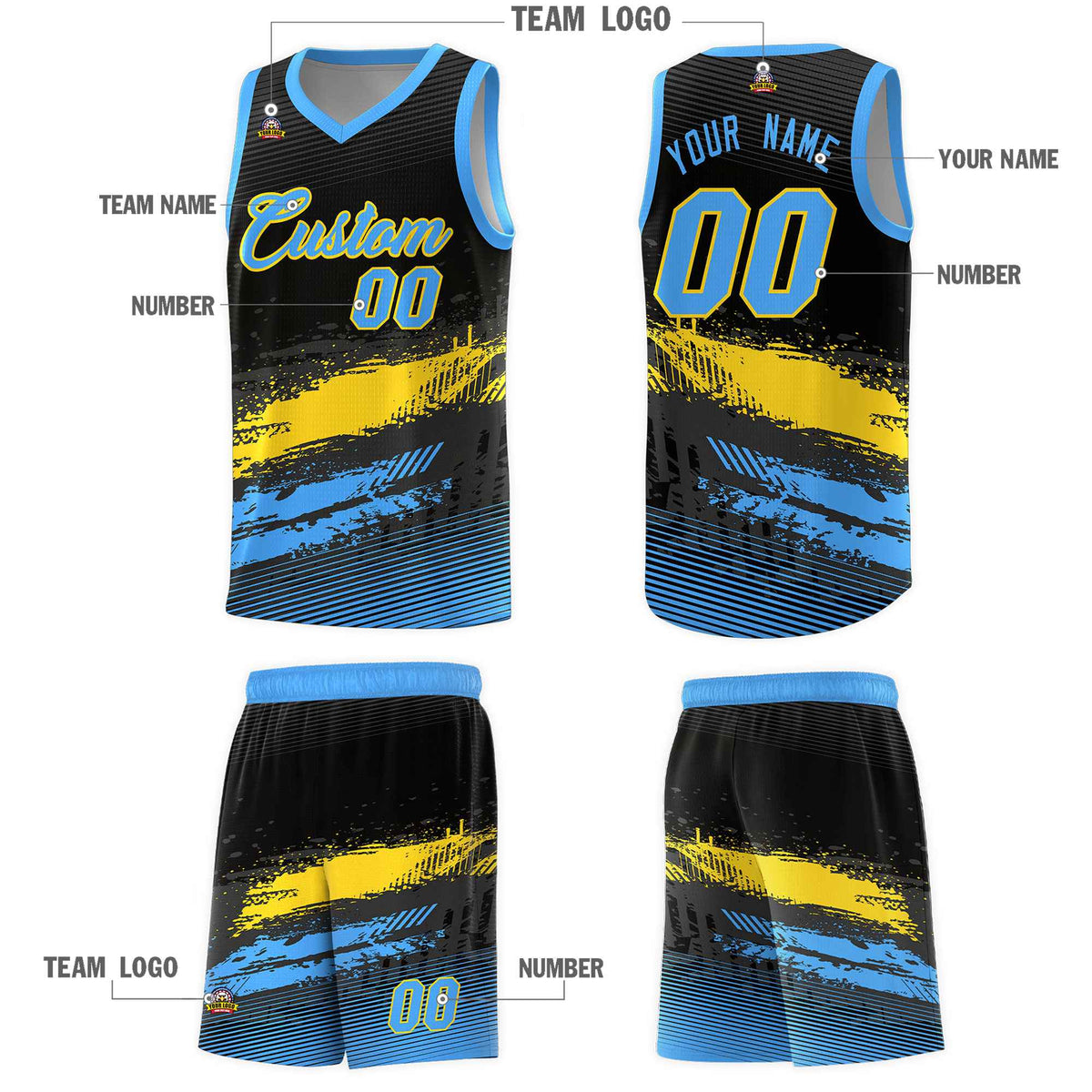 Custom Black Gold and Powder Blue Graffiti Pattern Sports Uniform Basketball Jersey|KXKSHOP