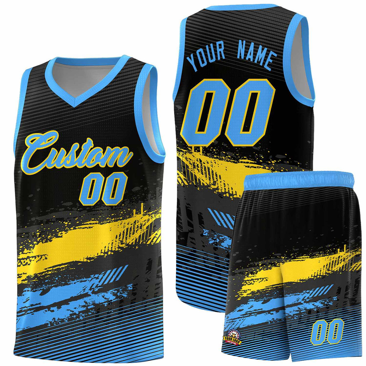 Custom Black Gold and Powder Blue Graffiti Pattern Sports Uniform Basketball Jersey|KXKSHOP