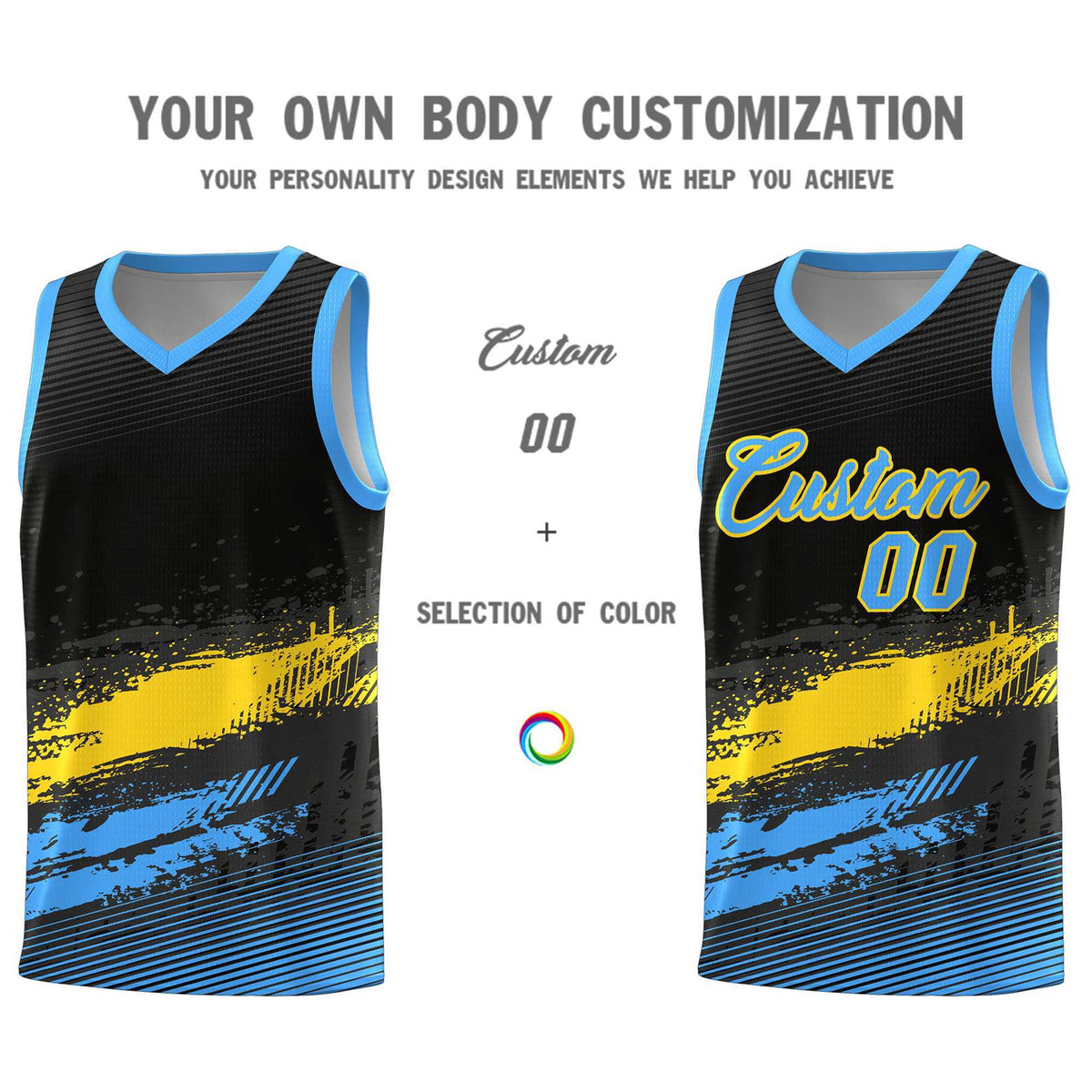Custom Black Gold and Powder Blue Graffiti Pattern Sports Uniform Basketball Jersey|KXKSHOP