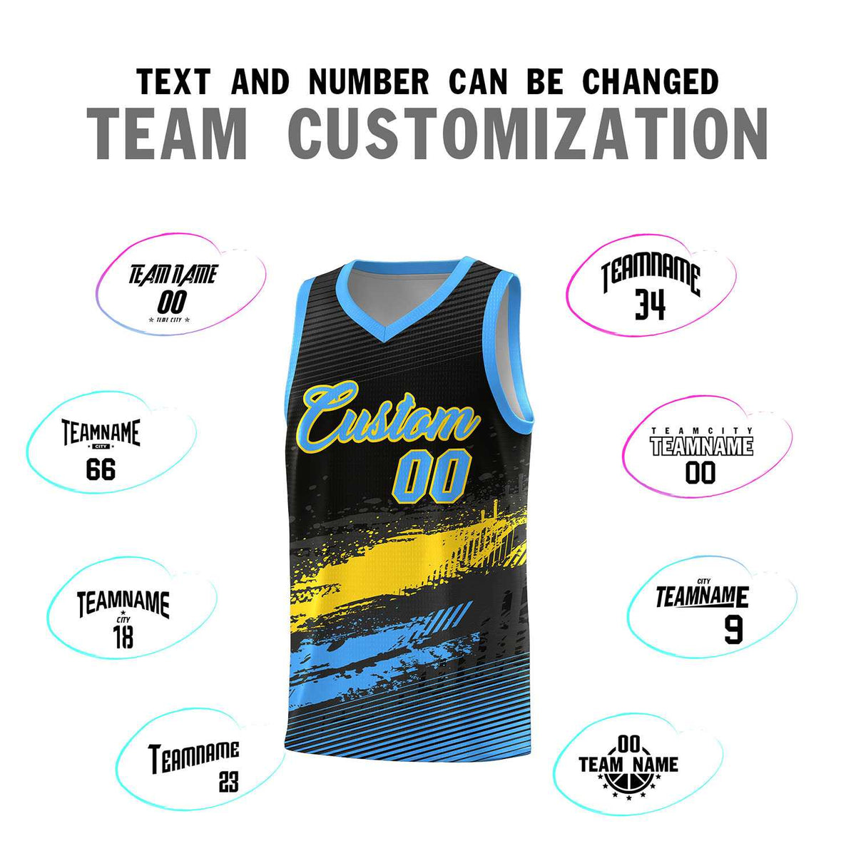 Custom Black Gold and Powder Blue Graffiti Pattern Sports Uniform Basketball Jersey|KXKSHOP