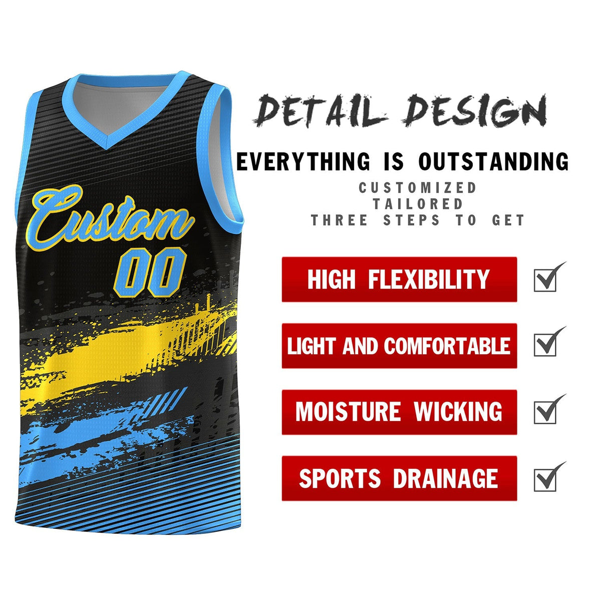 Custom Black Gold and Powder Blue Graffiti Pattern Sports Uniform Basketball Jersey|KXKSHOP
