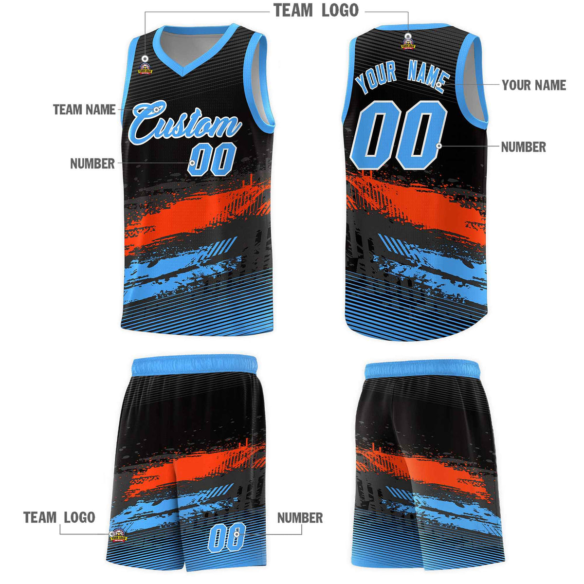 Custom Black Orange and Powder Blue Graffiti Pattern Sports Uniform Basketball Jersey|KXKSHOP