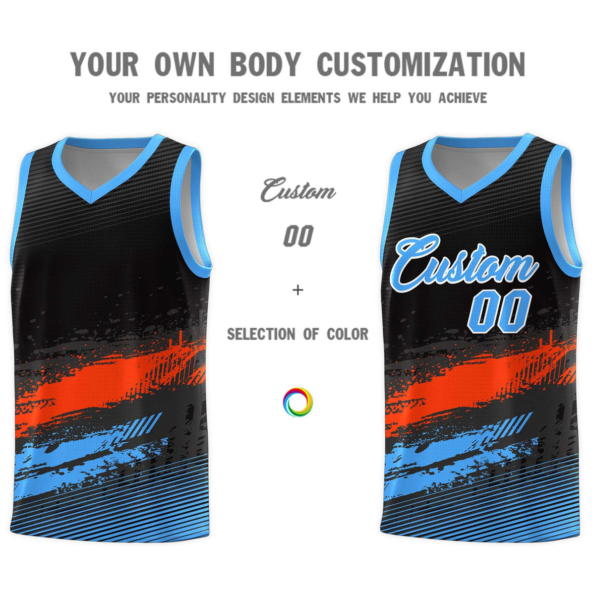 Custom Black Orange and Powder Blue Graffiti Pattern Sports Uniform Basketball Jersey|KXKSHOP