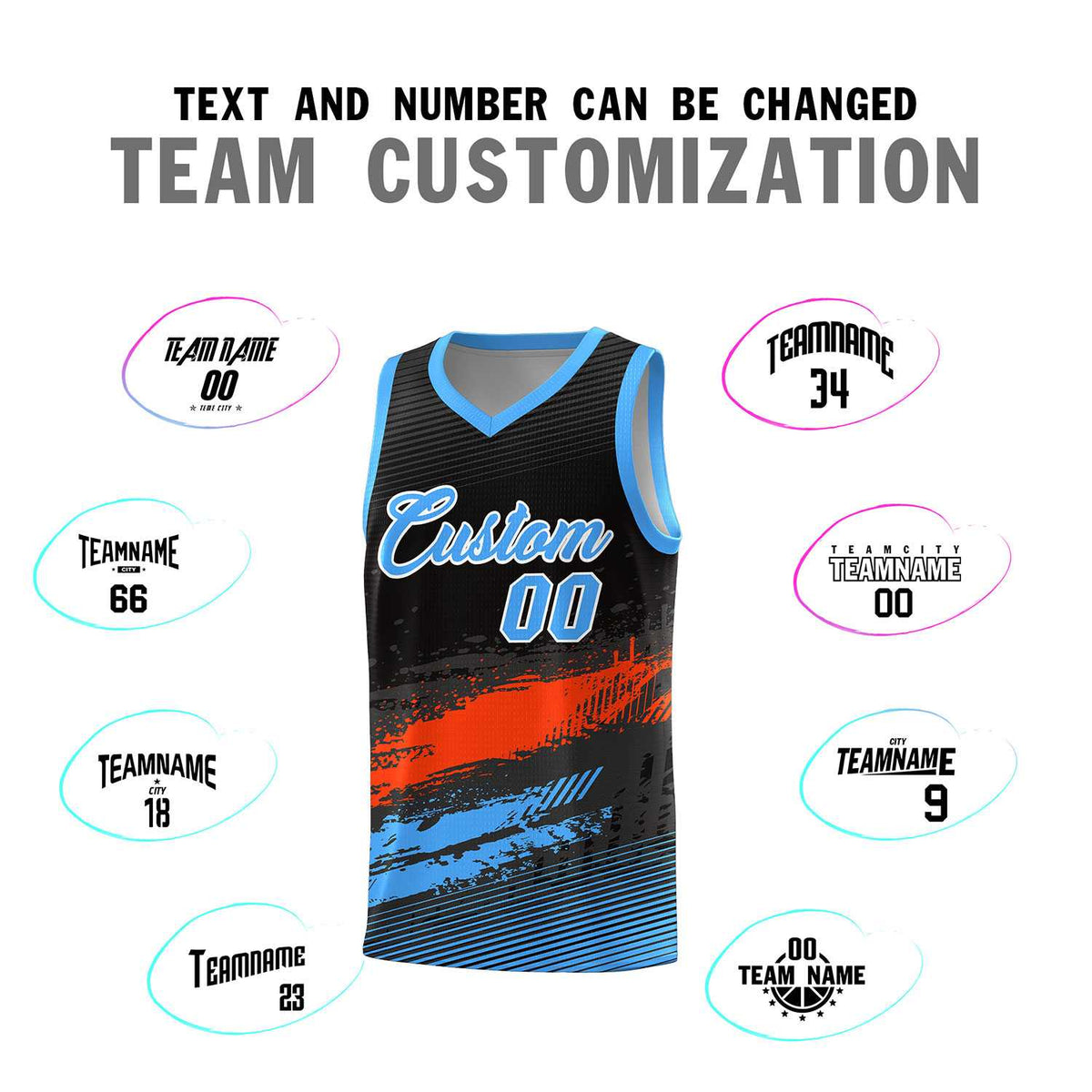 Custom Black Orange and Powder Blue Graffiti Pattern Sports Uniform Basketball Jersey|KXKSHOP