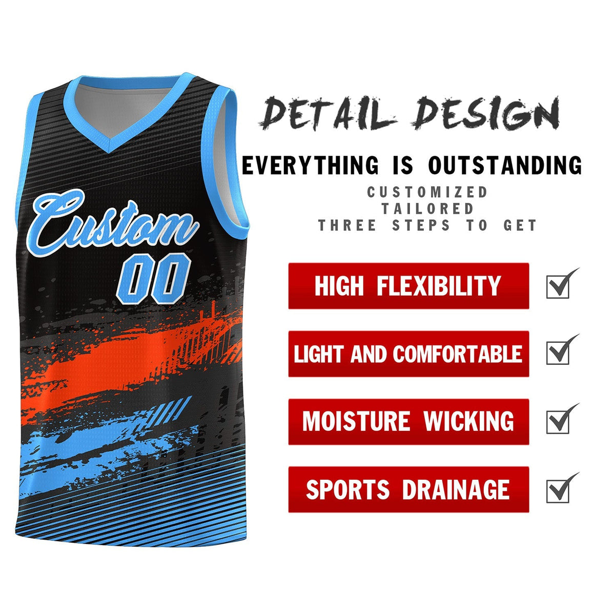 Custom Black Orange and Powder Blue Graffiti Pattern Sports Uniform Basketball Jersey|KXKSHOP