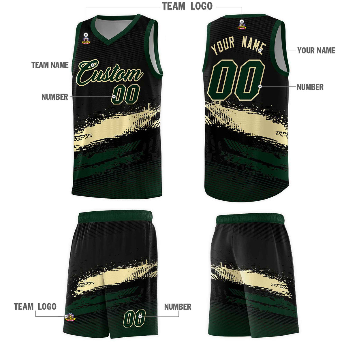 Custom Black Cream and Hunter Green Graffiti Pattern Sports Uniform Basketball Jersey|KXKSHOP