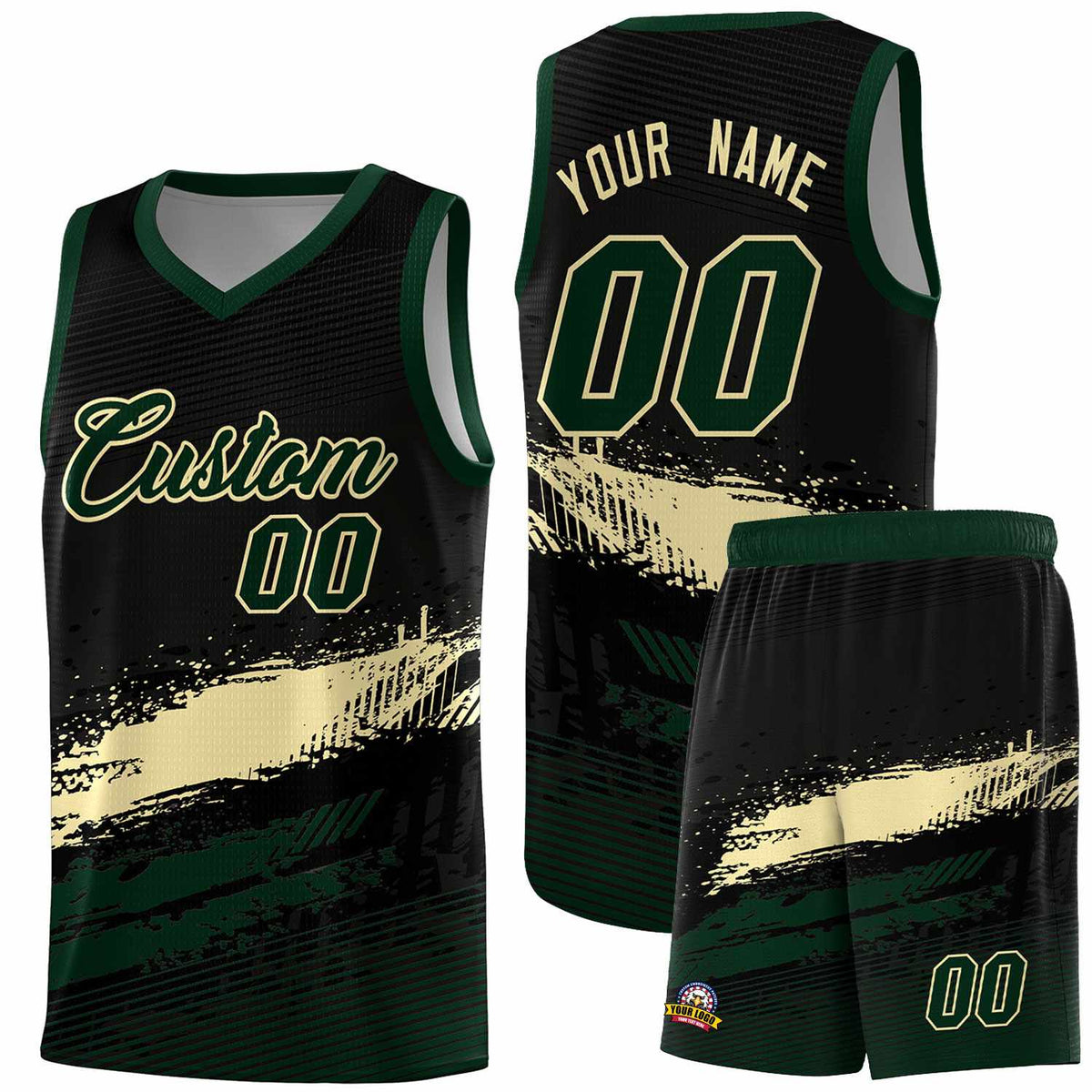 Custom Black Cream and Hunter Green Graffiti Pattern Sports Uniform Basketball Jersey|KXKSHOP