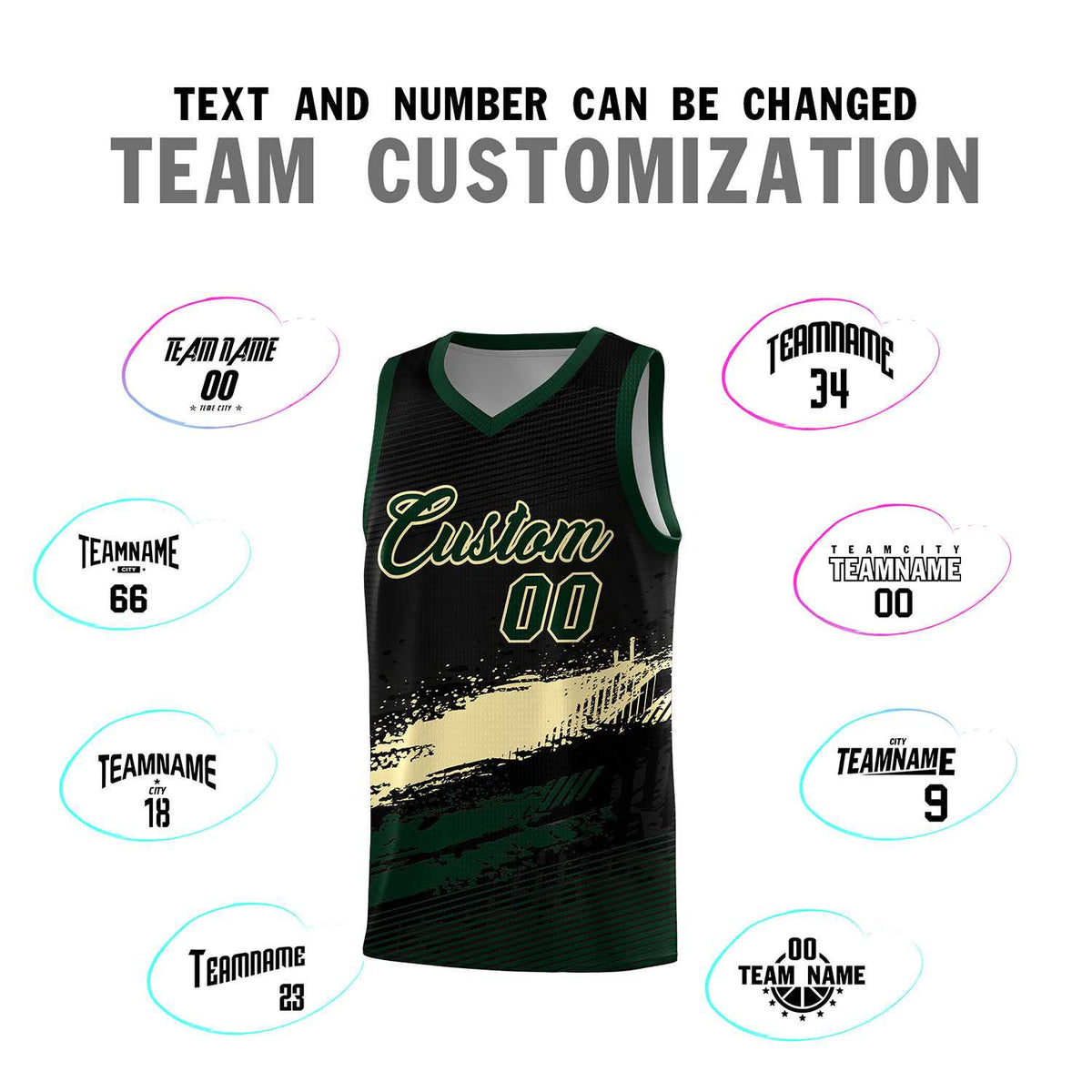 Custom Black Cream and Hunter Green Graffiti Pattern Sports Uniform Basketball Jersey|KXKSHOP