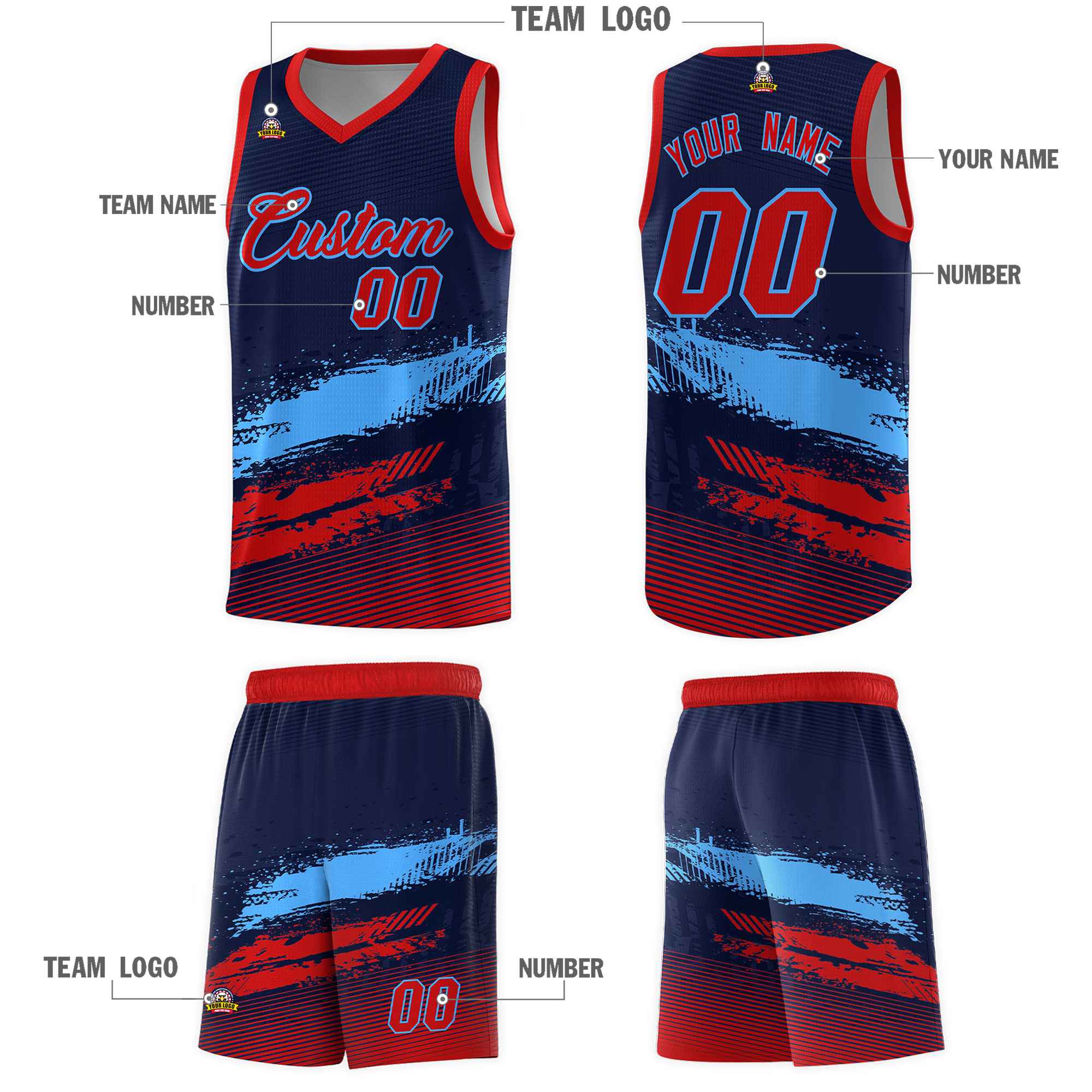 Custom Navy Powder Blue and Red Graffiti Pattern Sports Uniform Basketball Jersey|KXKSHOP