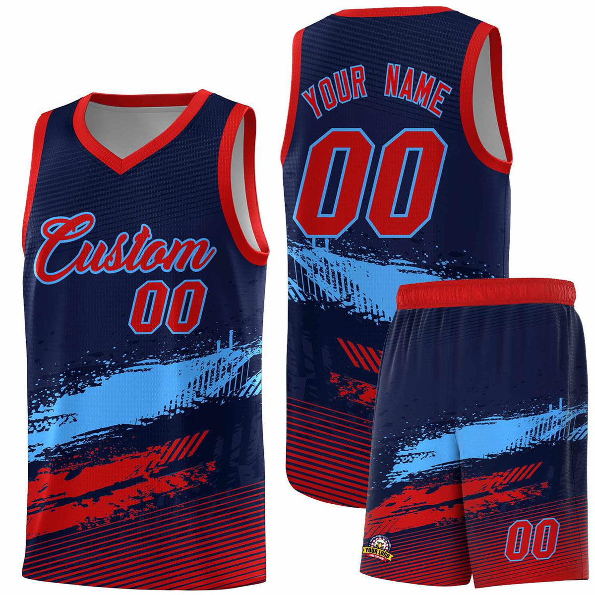 Custom Navy Powder Blue and Red Graffiti Pattern Sports Uniform Basketball Jersey|KXKSHOP