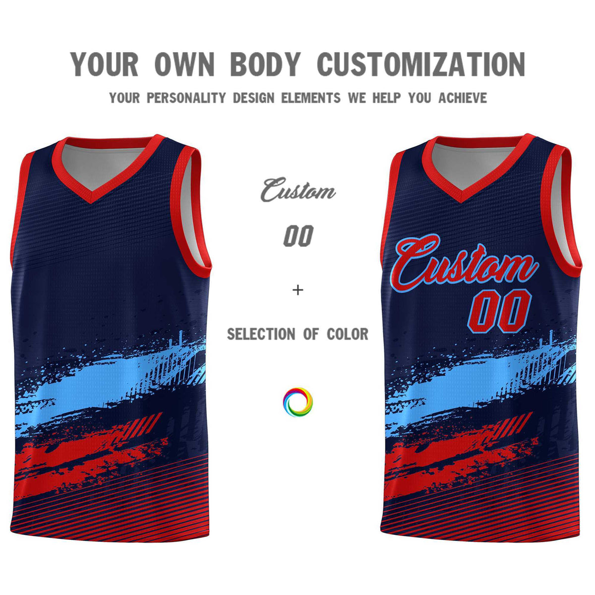Custom Navy Powder Blue and Red Graffiti Pattern Sports Uniform Basketball Jersey|KXKSHOP