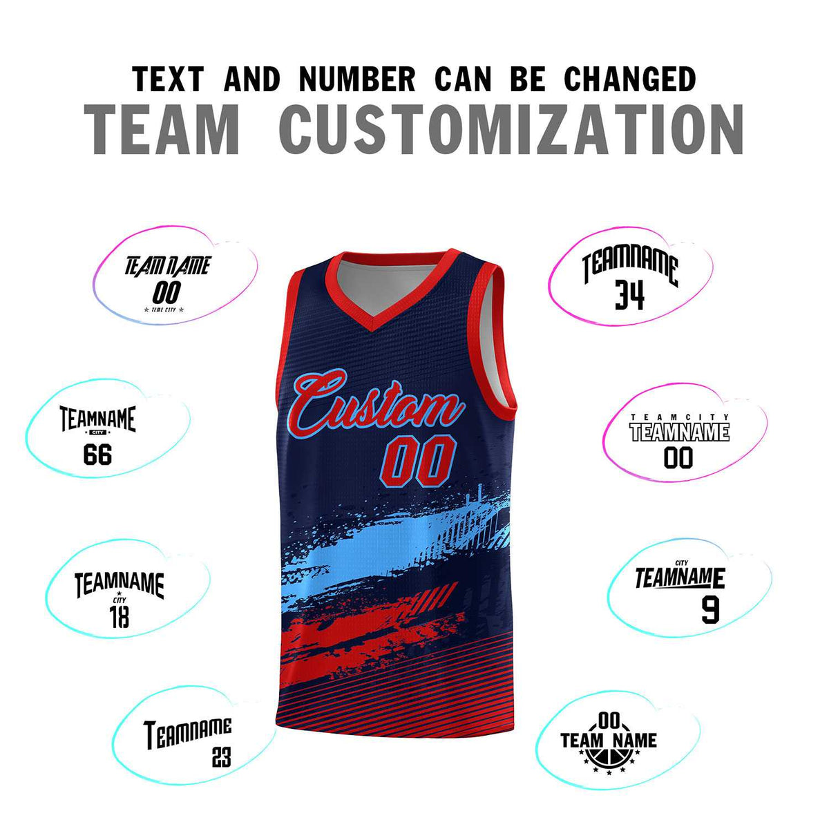 Custom Navy Powder Blue and Red Graffiti Pattern Sports Uniform Basketball Jersey|KXKSHOP