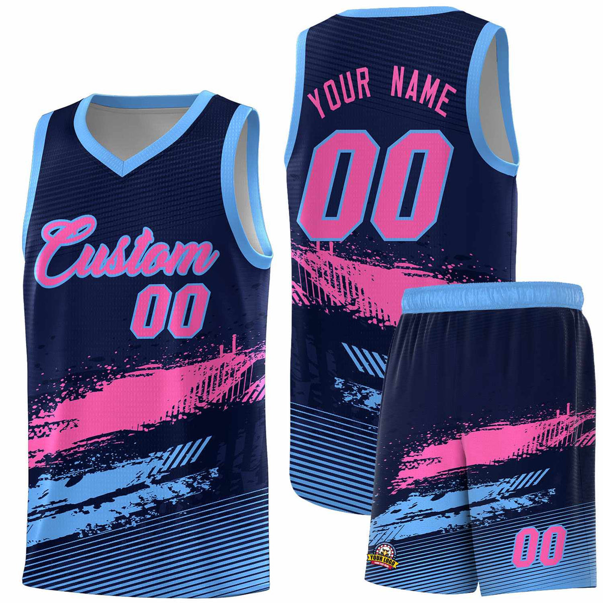 Custom Navy Pink and Powder Blue Graffiti Pattern Sports Uniform Basketball Jersey|KXKSHOP