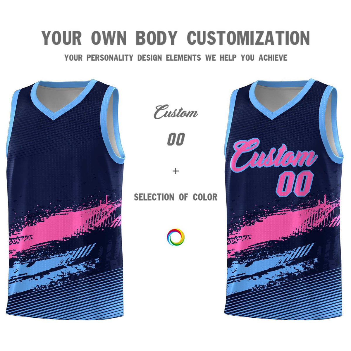 Custom Navy Pink and Powder Blue Graffiti Pattern Sports Uniform Basketball Jersey|KXKSHOP