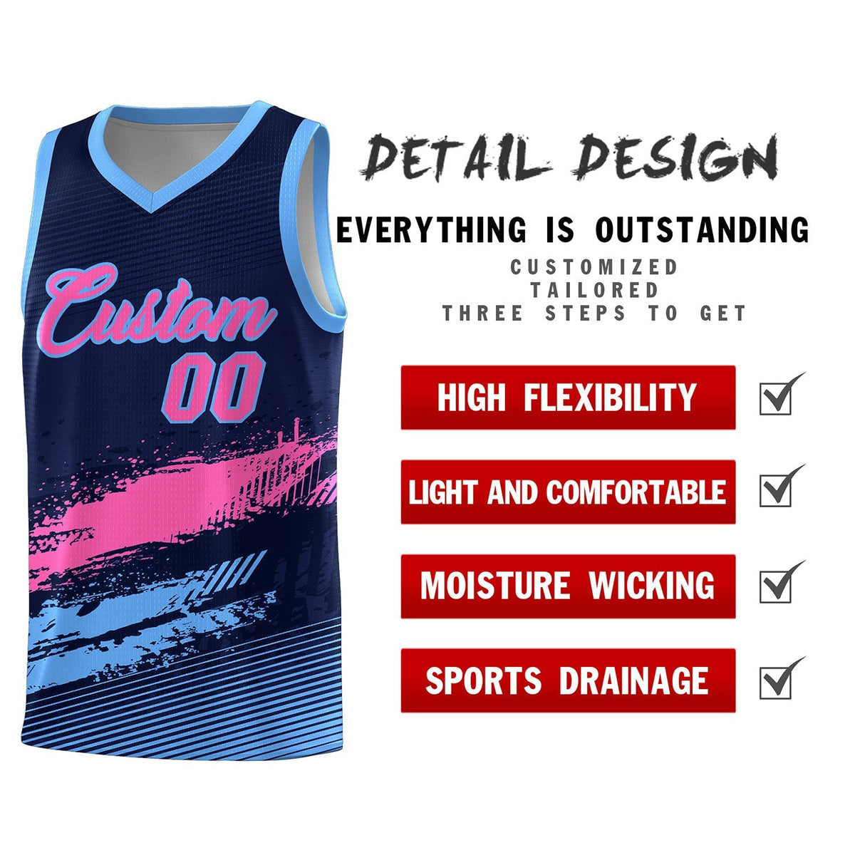 Custom Navy Pink and Powder Blue Graffiti Pattern Sports Uniform Basketball Jersey|KXKSHOP