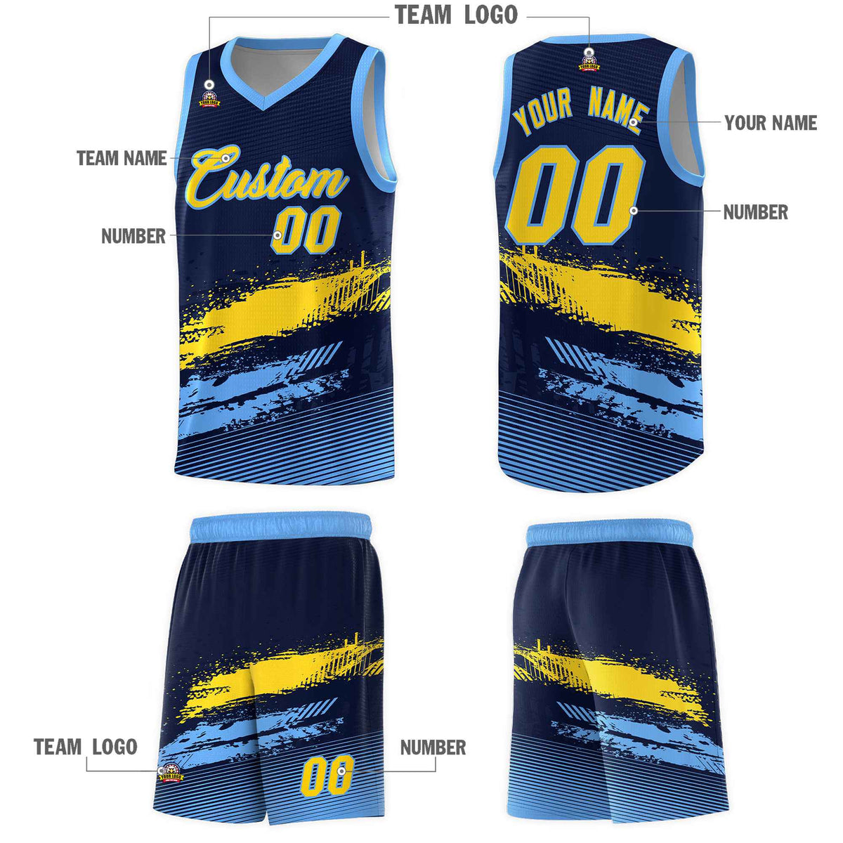 Custom Navy Gold and Powder Blue Graffiti Pattern Sports Uniform Basketball Jersey|KXKSHOP