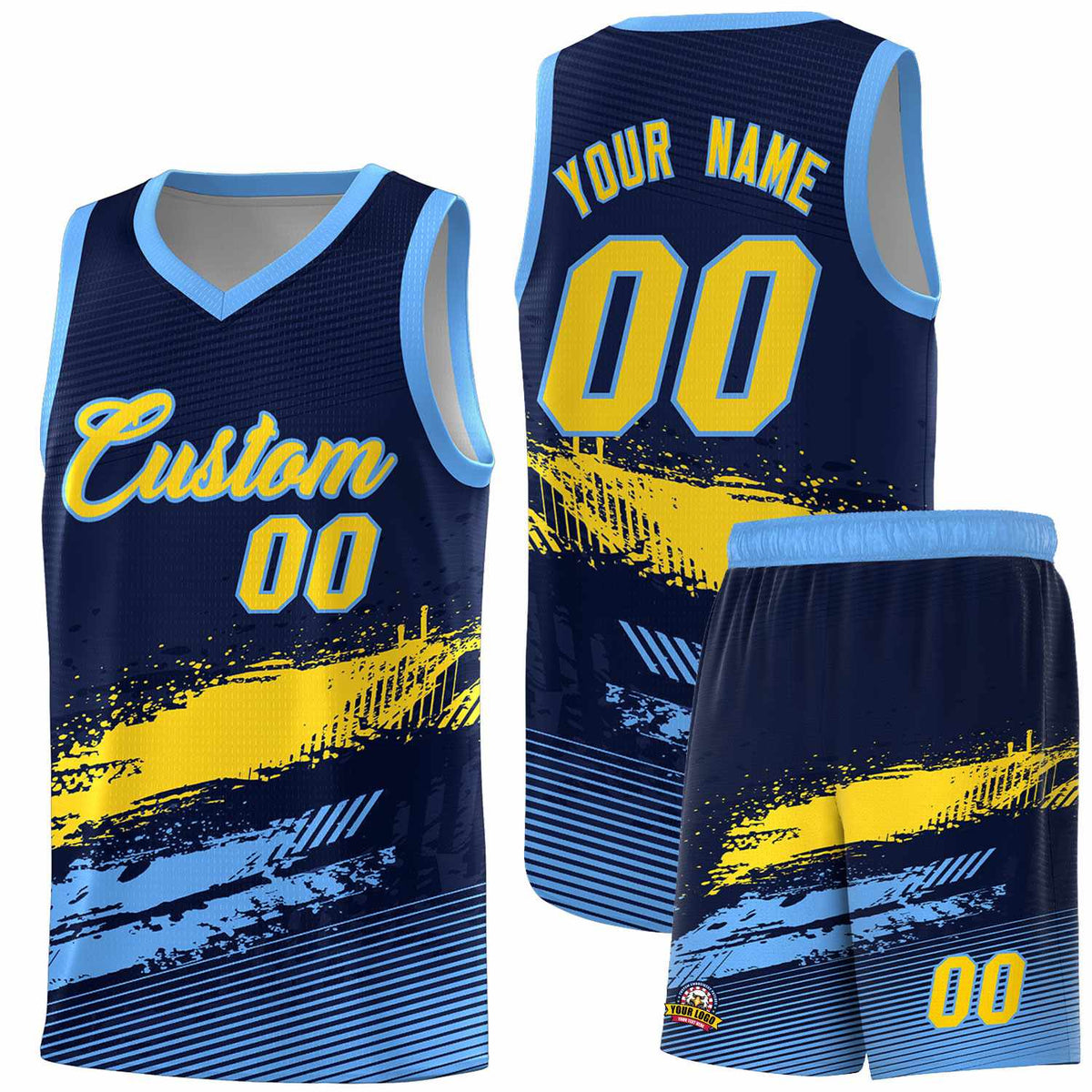 Custom Navy Gold and Powder Blue Graffiti Pattern Sports Uniform Basketball Jersey|KXKSHOP