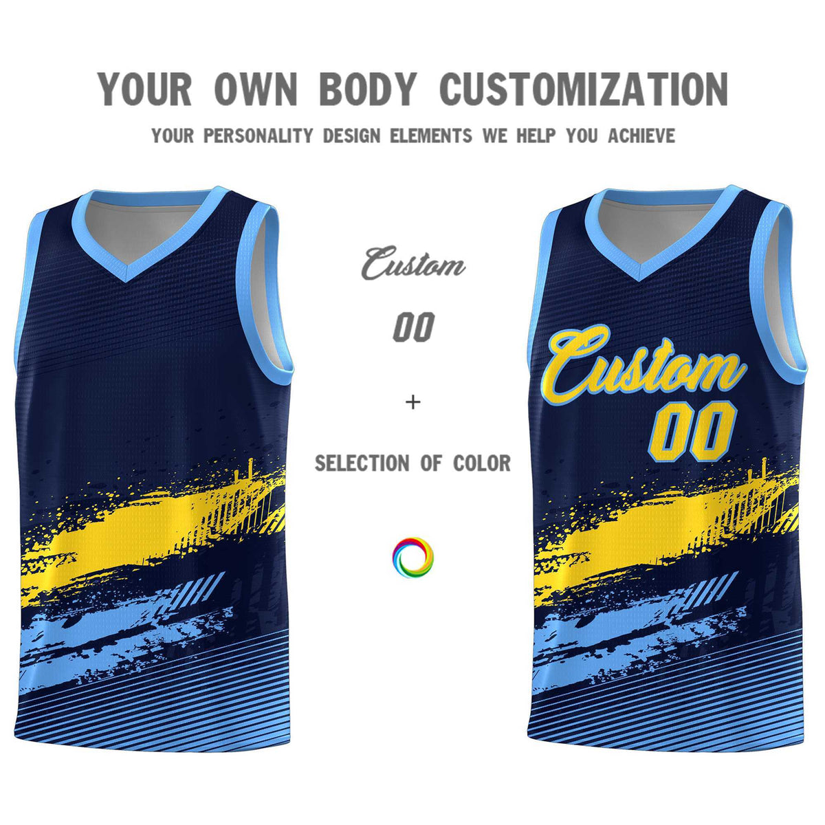 Custom Navy Gold and Powder Blue Graffiti Pattern Sports Uniform Basketball Jersey|KXKSHOP